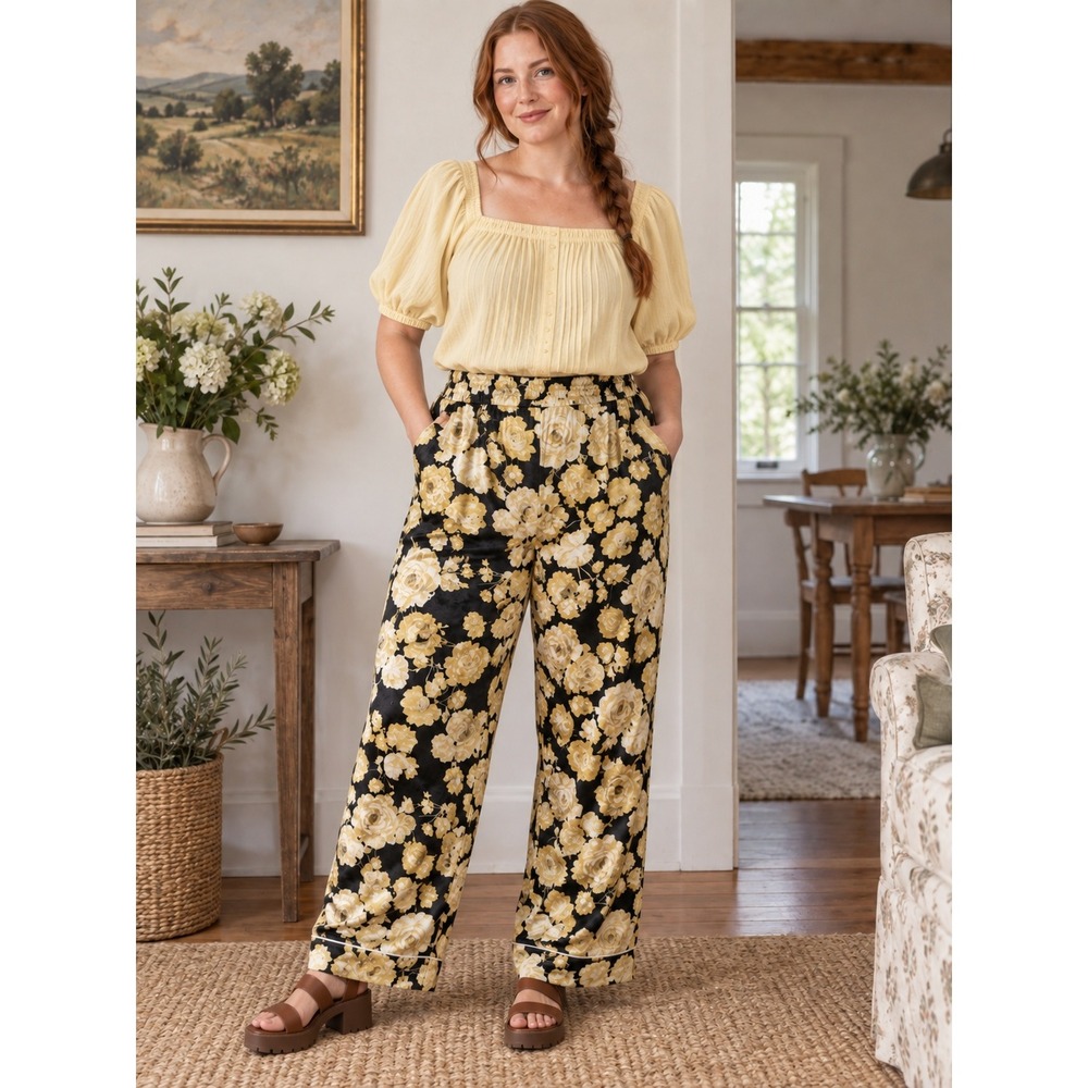 Boho Cottagecore Lounge Soft Black Yellow Velvet WideLeg Floral Pockets L Pants
